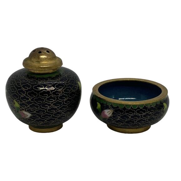 Vintage Set Chinese Black Cloisonné Salt Cellar Pepper Shaker Flowers Design - Picture 5 of 16